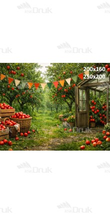 Tło fotograficzne „Sad jabłoni z rustykalną szklarnią” | 4018